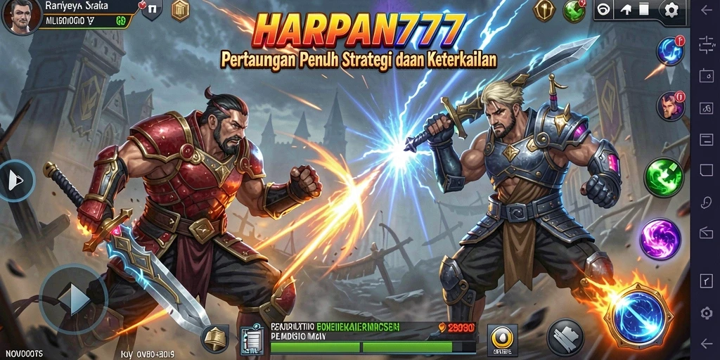 Screenshot gameplay menunjukkan aksi pertarungan dramatis dalam HARAPAN777.