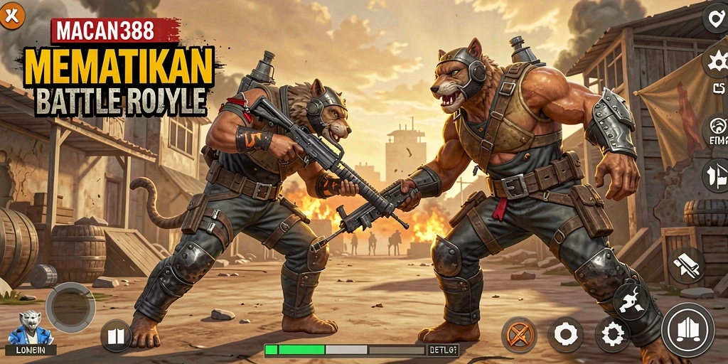 Tangkapan layar utama <strong>MACAN388</strong> menampilkan aksi pertempuran yang intens dalam gameplay Battle Royale.