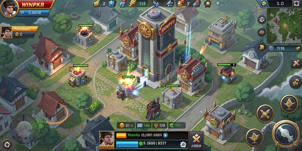 Tampilan gameplay <strong>WINPKR</strong> yang mendebarkan dalam mode Tower Defense.